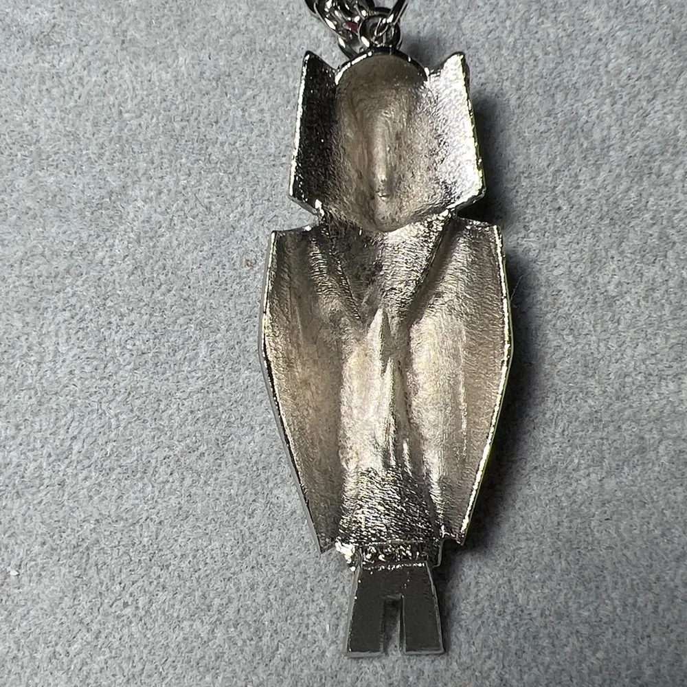 50s Mid-Century Modern Owl Silver Tone Pendant Necklace Vintage Goth